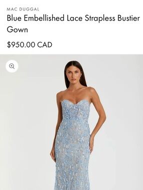 BNWT Mac Duggal Light Blue Strapless Embellished Lace Bustier Gown SZ 4